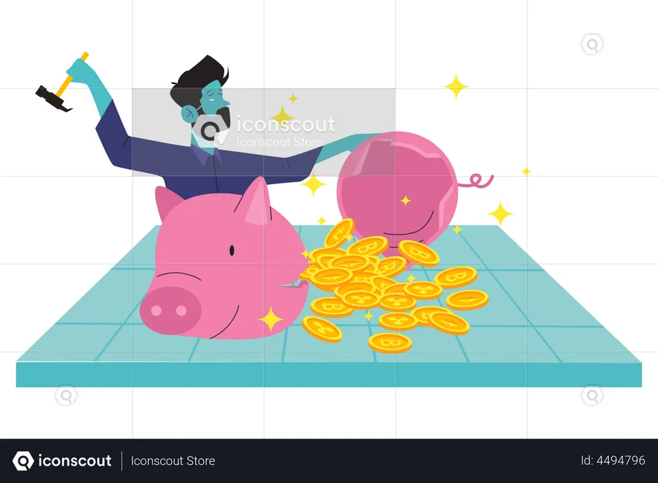 Man breaking bitcoin piggy bank  Illustration