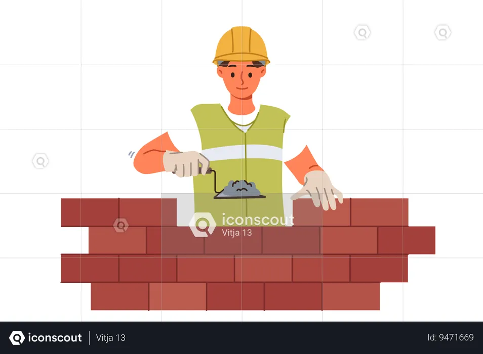 Man bricklayer builder builds brick wall using trowel with concrete mixture to secure blocks  Illustration