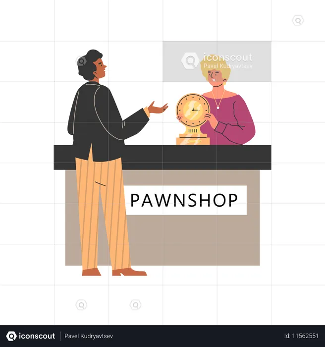 Man bring and sell table clock to pawnshop  Illustration