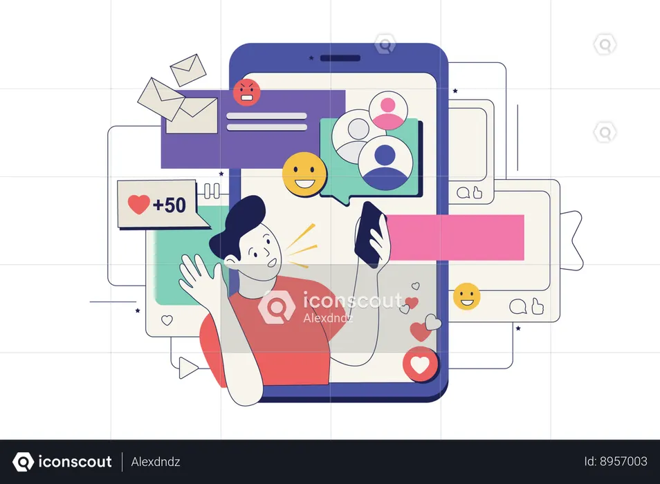 Man browsing in app with chatting and making live stream translation in blog.  Illustration