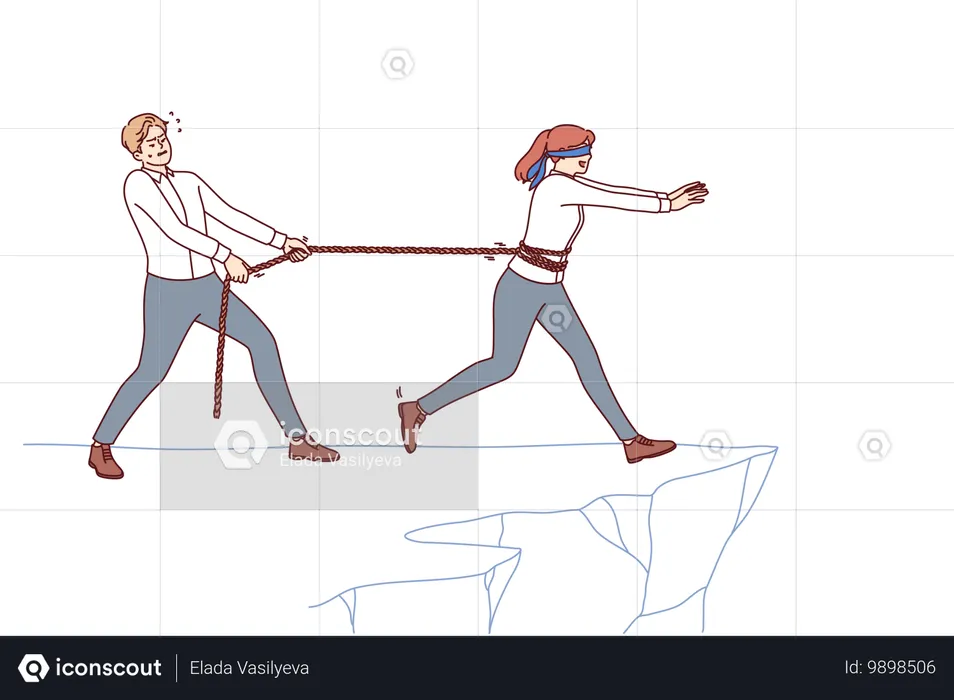 남성 비즈니스 멘토는 절벽을 향해 걸어가는 소녀에게 묶인 밧줄을 당기는 실패로부터 부하를 구했습니다.  일러스트레이션