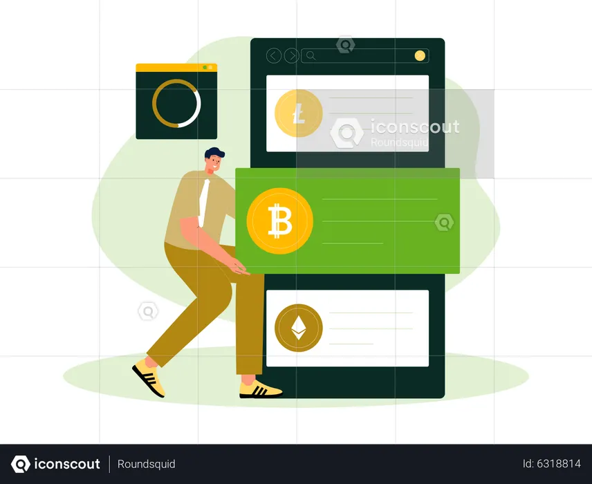 Man buy bitcoin from mobile exchange  Illustration