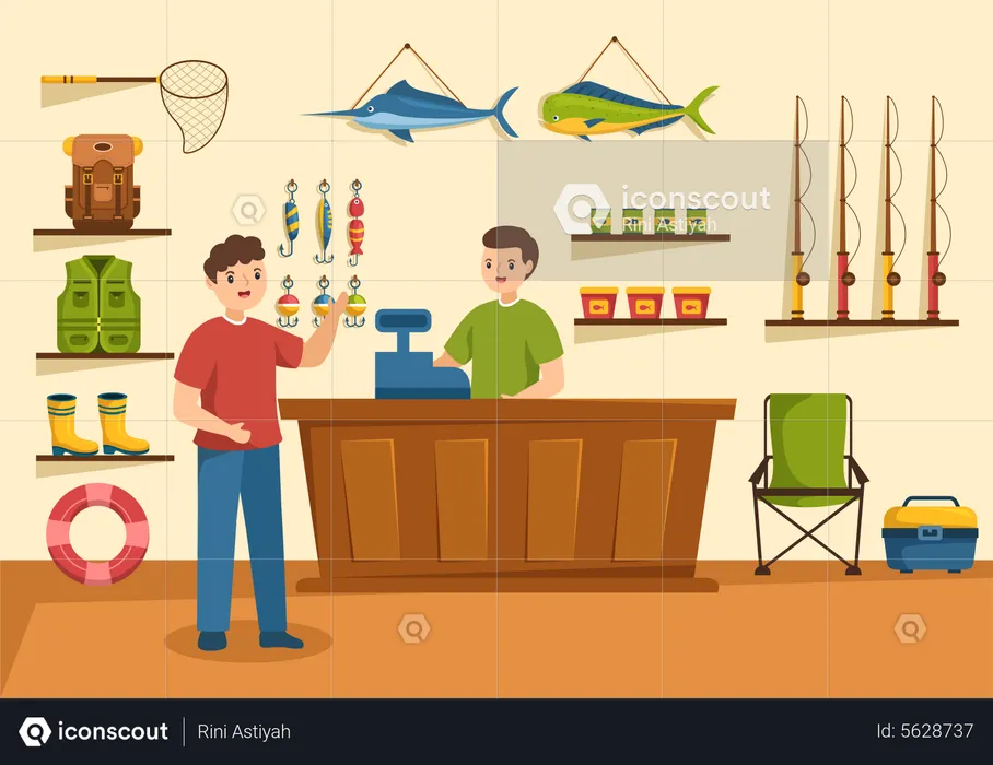 Man buying fish catching equipments  Illustration