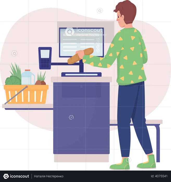 Man Buying Groceries at Self Checkout  Illustration