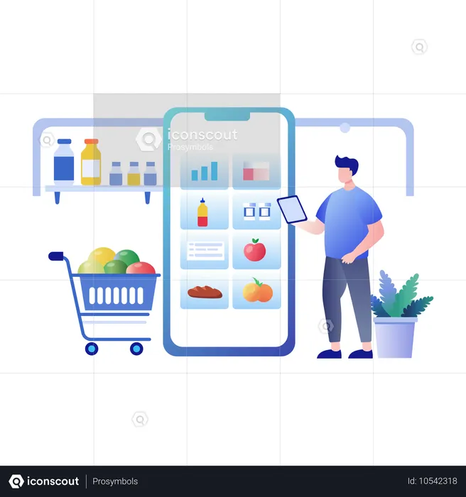 Grocery App에서 식료품을 구매하는 남자  일러스트레이션