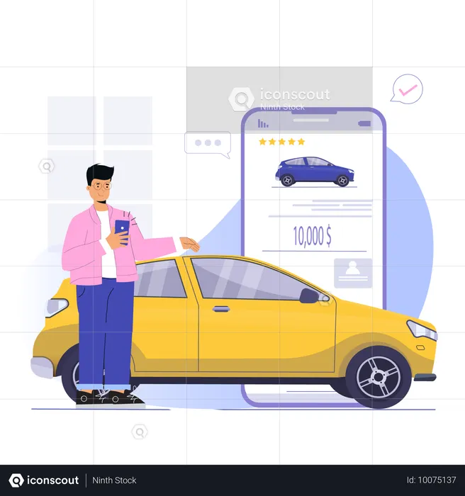 Man buying new car while giving car review  Illustration