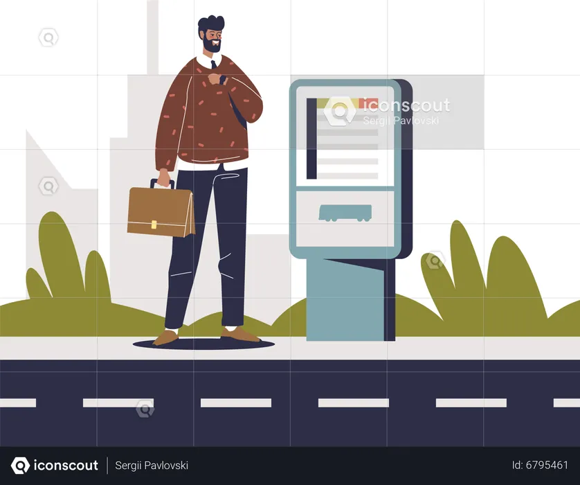 Man buying ticket for public bus at self-service ticket machine  Illustration