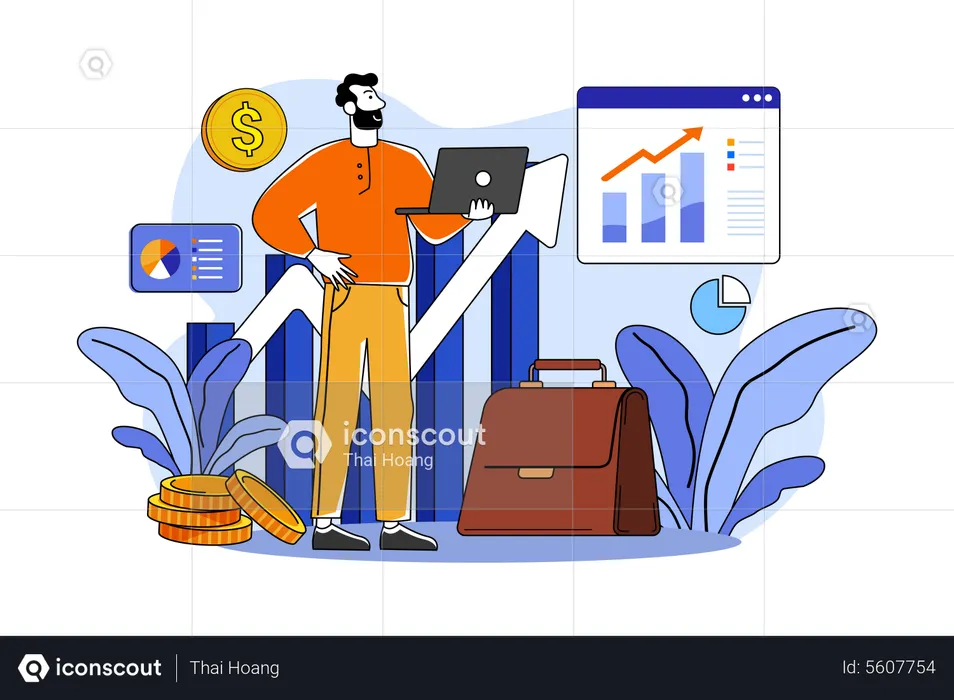 Man calculate virtual growth on laptop  Illustration