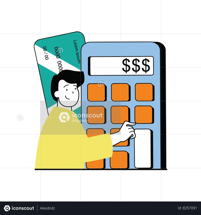 Man calculating his expenditure and income on calculator  Illustration