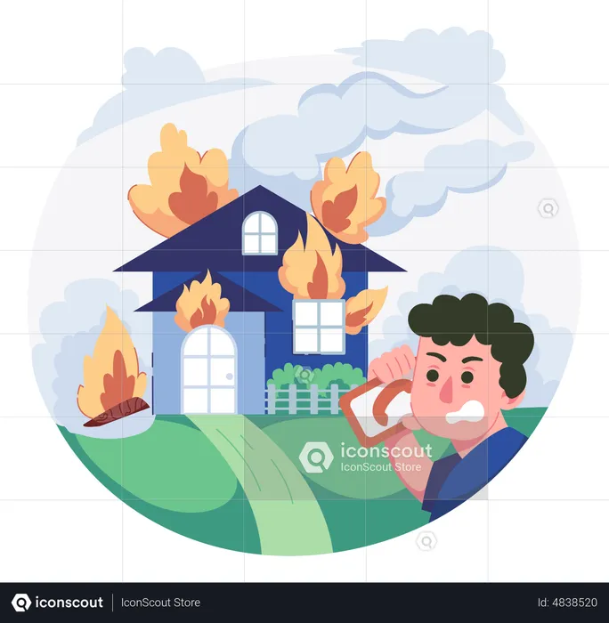 Man calling fire emergency service due to house fire  Illustration