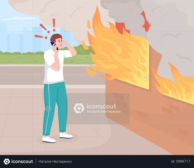 Man calling fire service during case of fire  Illustration