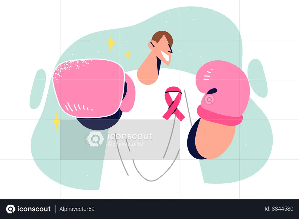 Man calls for fight against breast cancer and uses boxing gloves to demonstrate determination  Illustration
