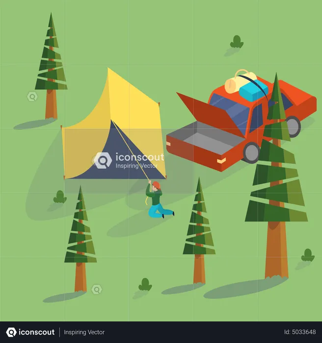 Man camper install tent in the park  Illustration