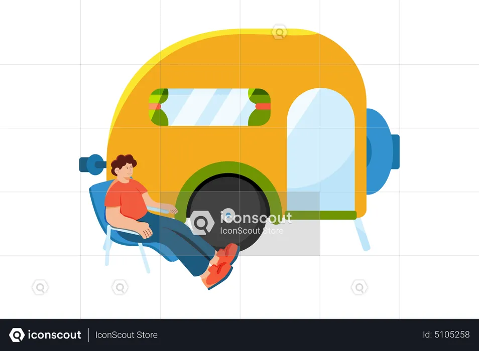 Man camping with campervan  Illustration