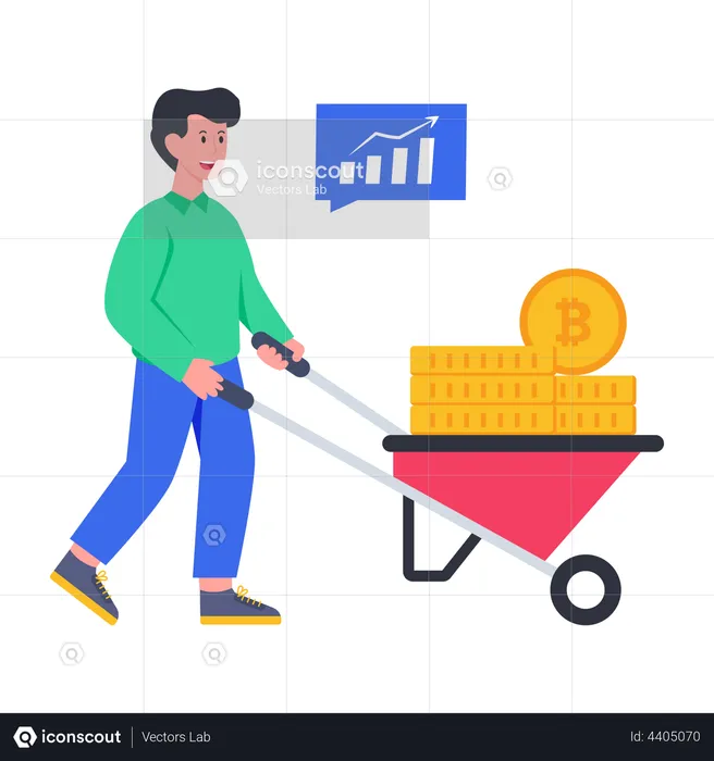 Man caring Bitcoin mining cart  Illustration