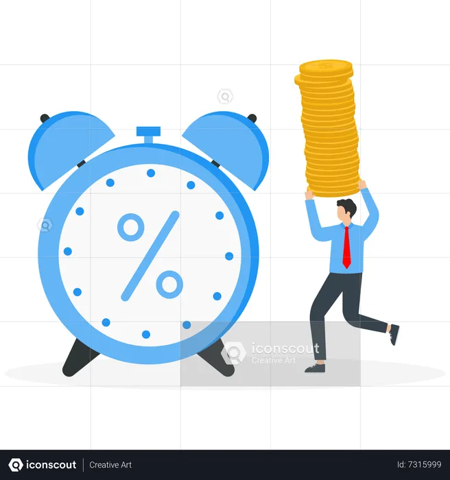 Man carries stack of coins to percentage alarm clock  Illustration