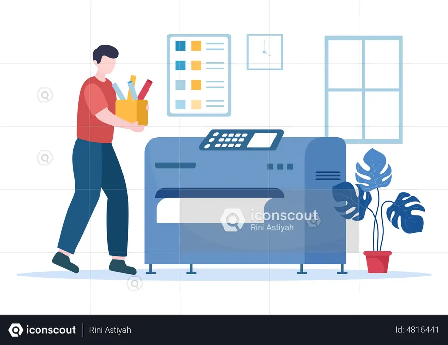 Man carry box and standing near printer  Illustration