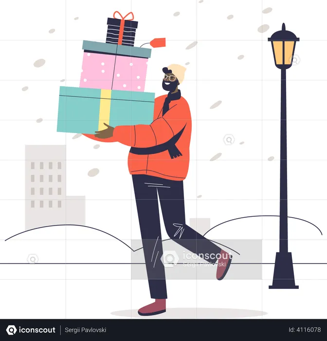 Man carry christmas gifts  Illustration