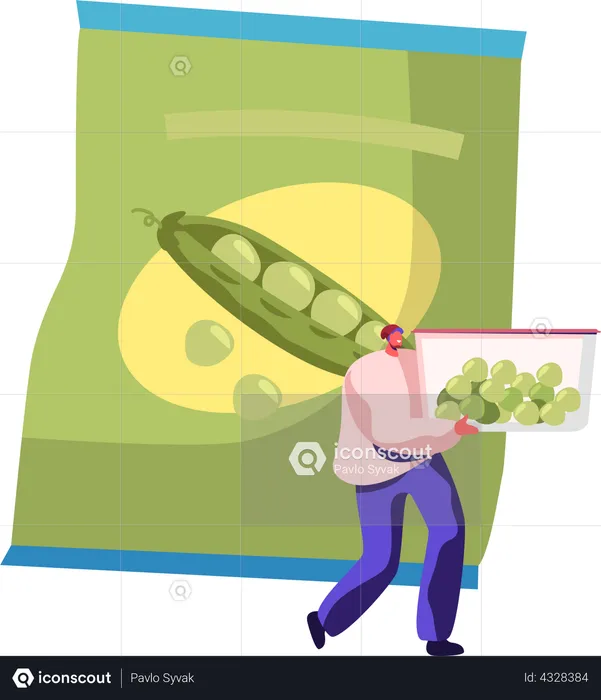 Man Carry Container with Frozen Green Peas  Illustration