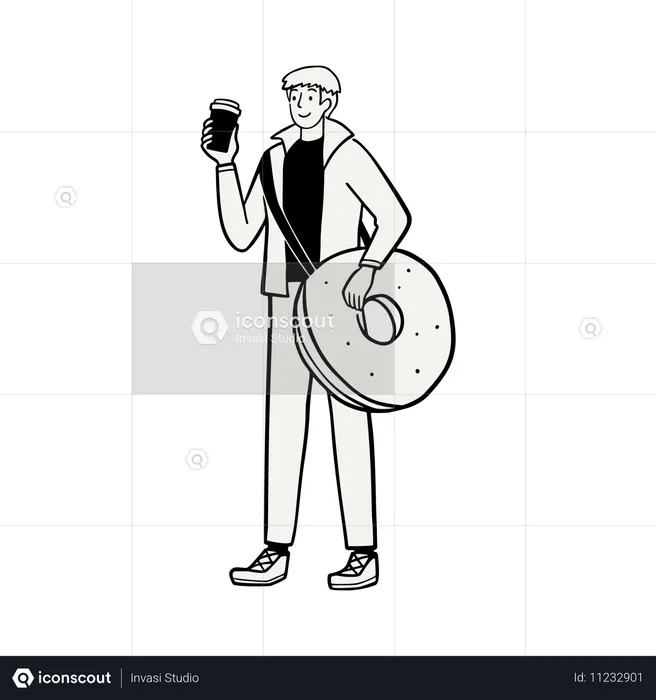 Man Carrying Big Donut and Coffee  Illustration