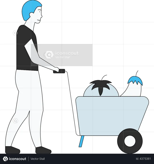 Man carrying cart of fruits and vegetables  Illustration