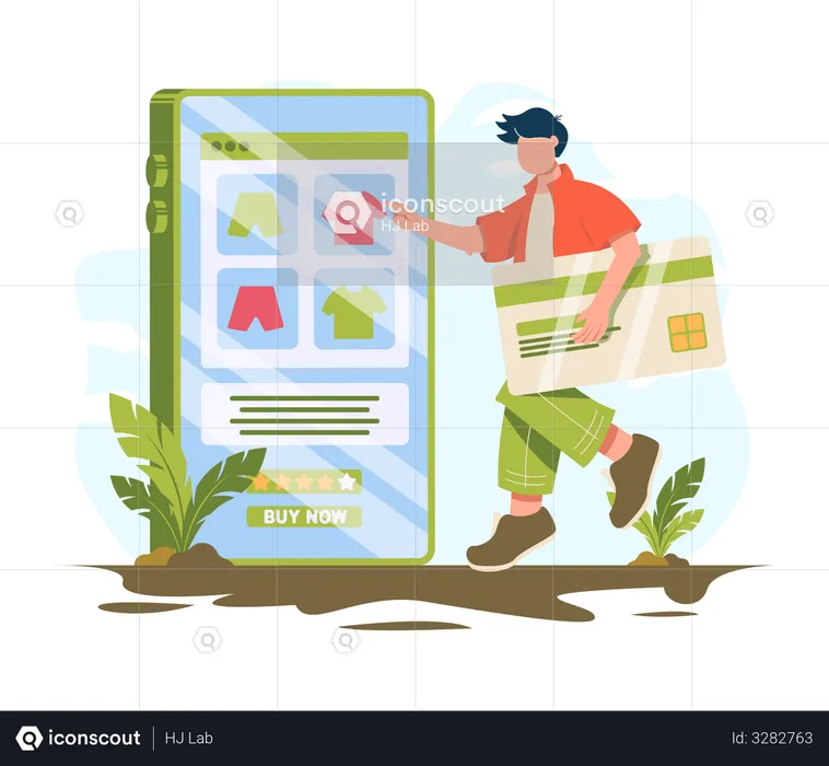 Man carrying credit card and choosing clothes online  Illustration