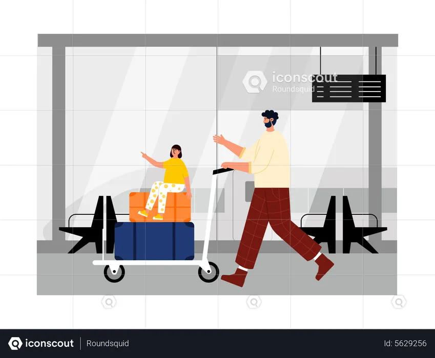 Man carrying daughter on trolley  Illustration