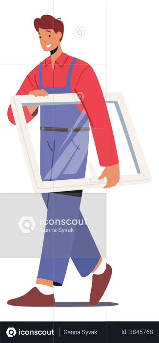 Man carrying glass panel for window installation  Illustration