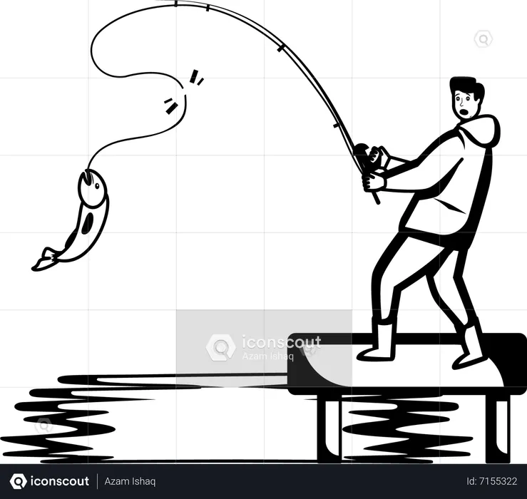Man Catches of Fish on River  Illustration