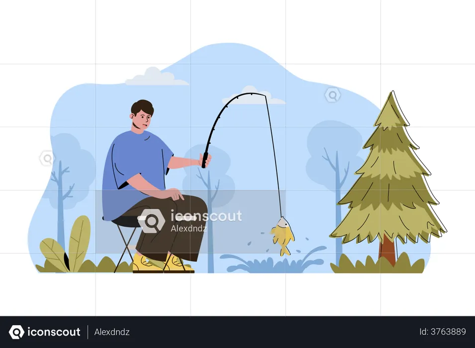 Man catching fish using fishing rod  Illustration