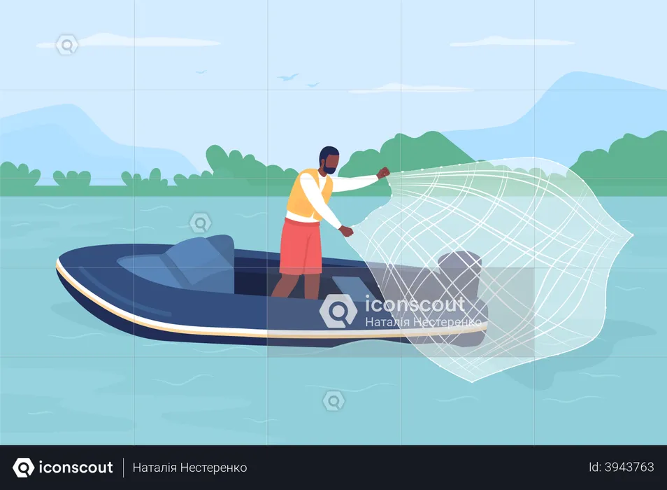 Man Catching fish with casting net  Illustration