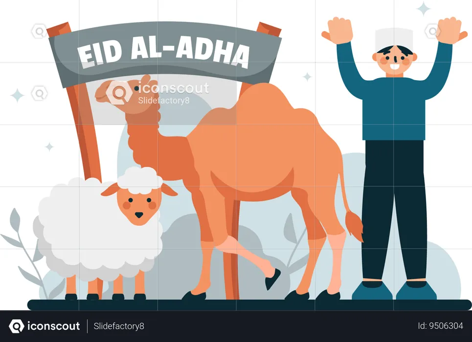 Man celebrates Eid with sheep and camels  Illustration