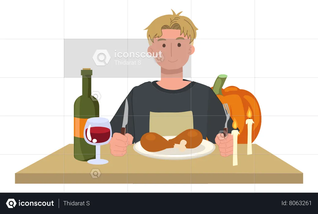 Man Celebrating Thanksgiving Feast With Turkey Drumstick  Illustration