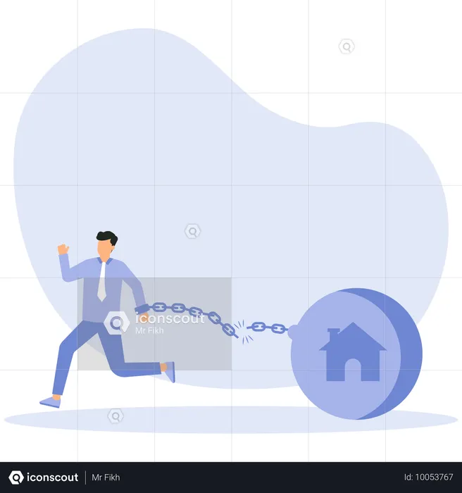 Man chained with iron ball, mortgage  Illustration