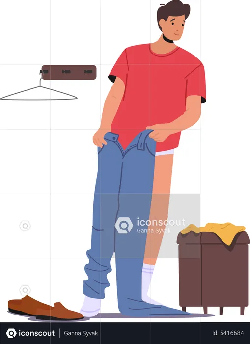 Man changing pants in trial room  Illustration