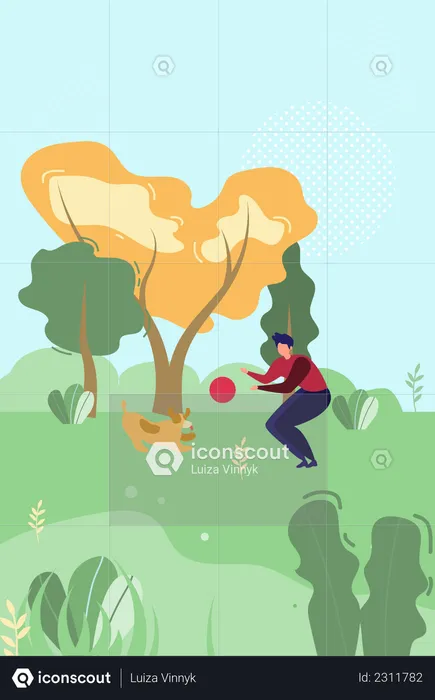 Man Character and Dog Playing with Ball in Park or Forest  Illustration