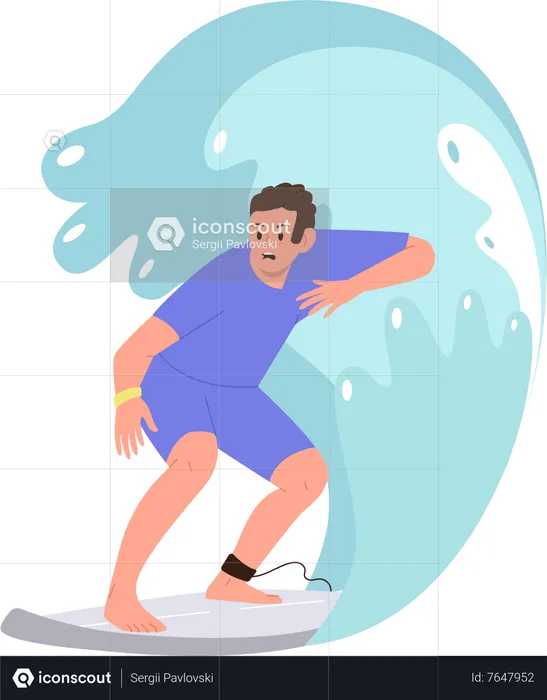 Man character extremely riding surfboard in ocean sea water surface  Illustration