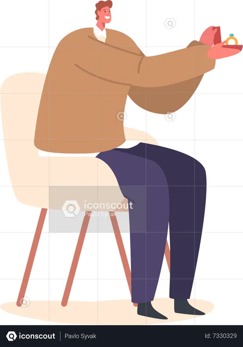 Man Character Sit On Chair, Holding A Box With An Engagement Ring  Illustration