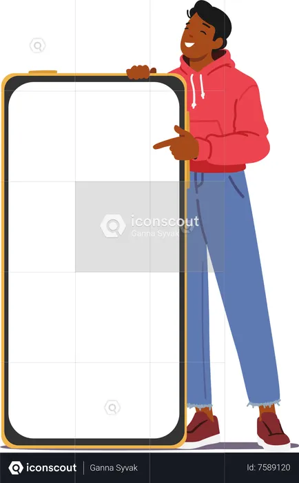 Man Character Stand near Huge Smartphone With An Empty Screen  Illustration