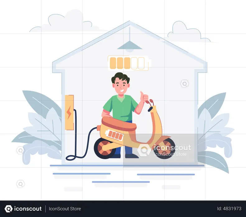 Man charge electric bike at home  Illustration