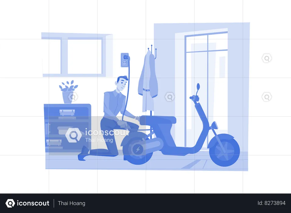 Man Charges The Electric Bike At Home  Illustration