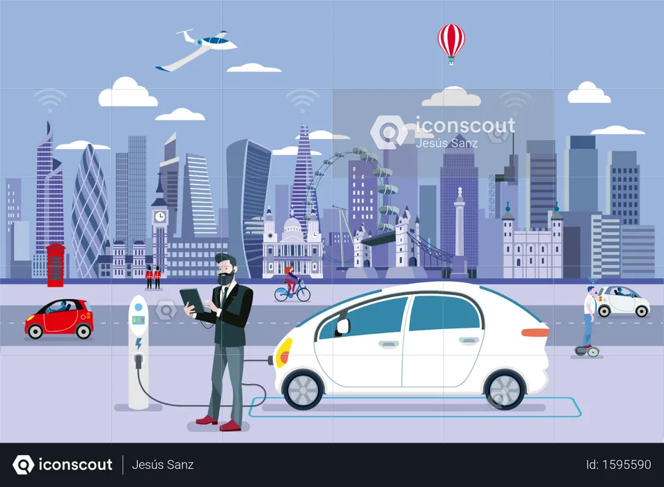 Man Charging an electric car in a London street with people walking and the City Skyline at the background  Illustration