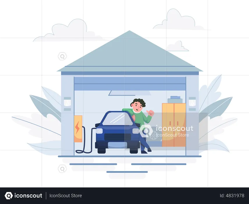Man charging an ev car at home  Illustration