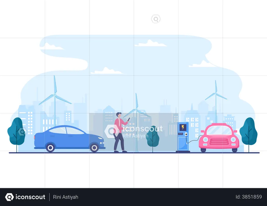Man charging his car at charging station  Illustration