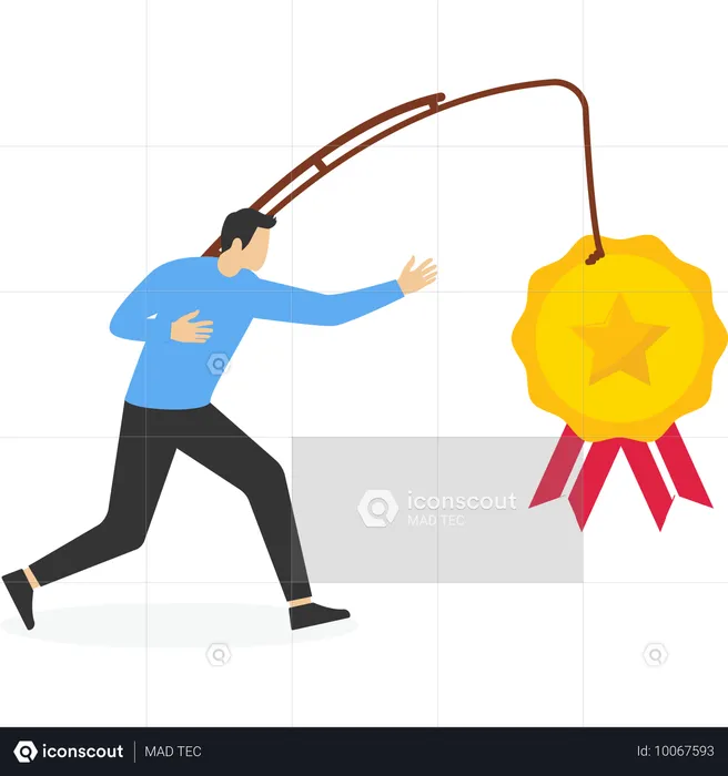 Man chasing dollar coin and trophy  Illustration