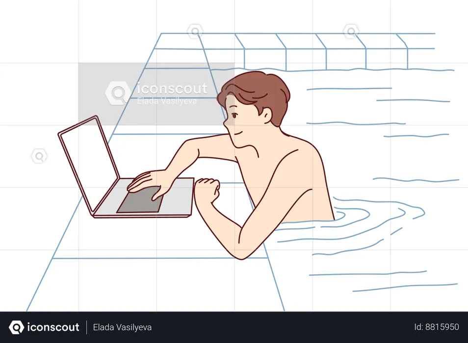 Man chats on laptop while swimming  Illustration