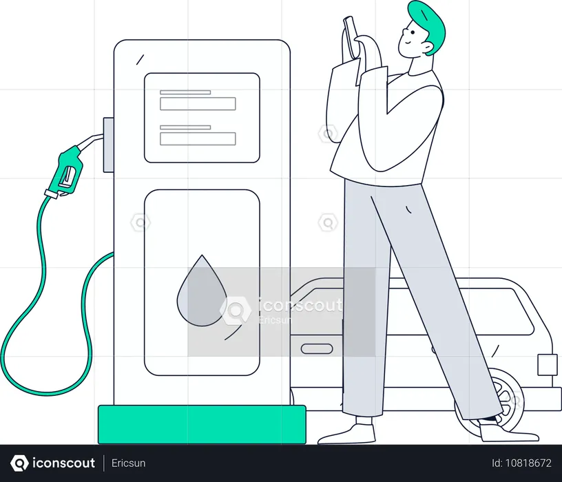 Man chatting on mobile while refueling car at station  Illustration