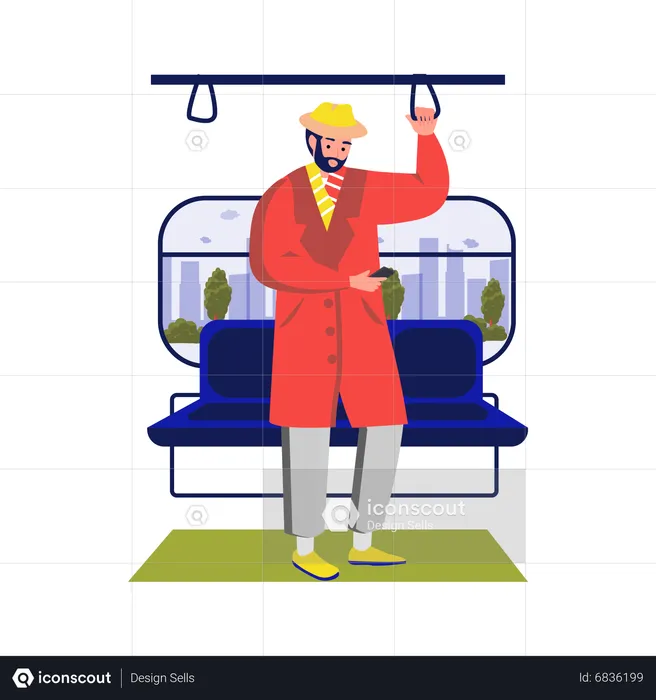 Man chatting on phone while travelling in train  Illustration