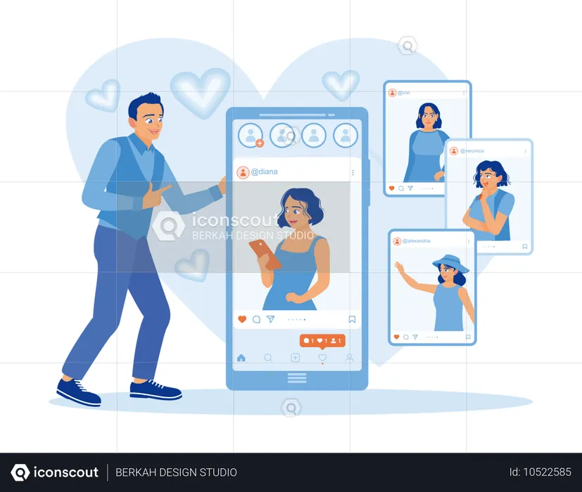 Man chatting with female friend on smartphone screen  Illustration