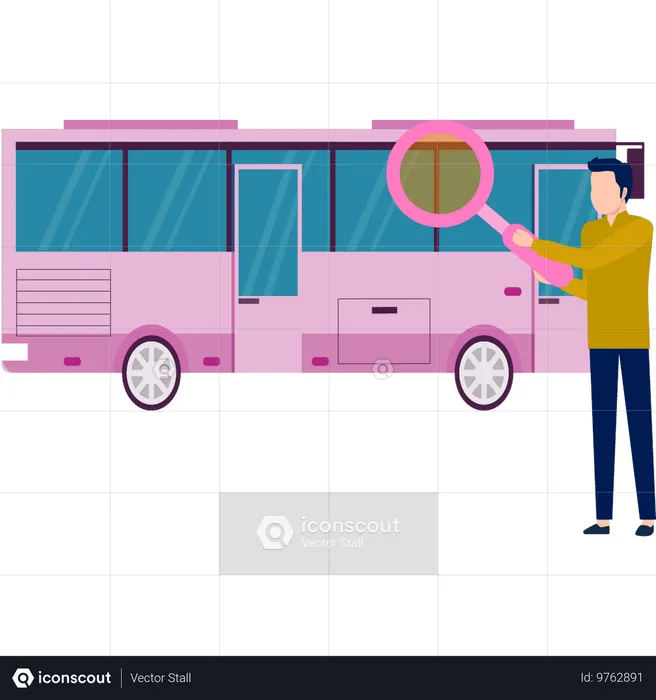 돋보기를 사용하여 버스를 확인하는 남자  일러스트레이션